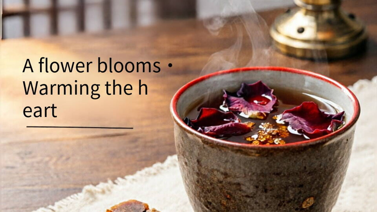 A warm cup of rose flower tea with dried rose petals and a piece of brown sugar on a wooden table
