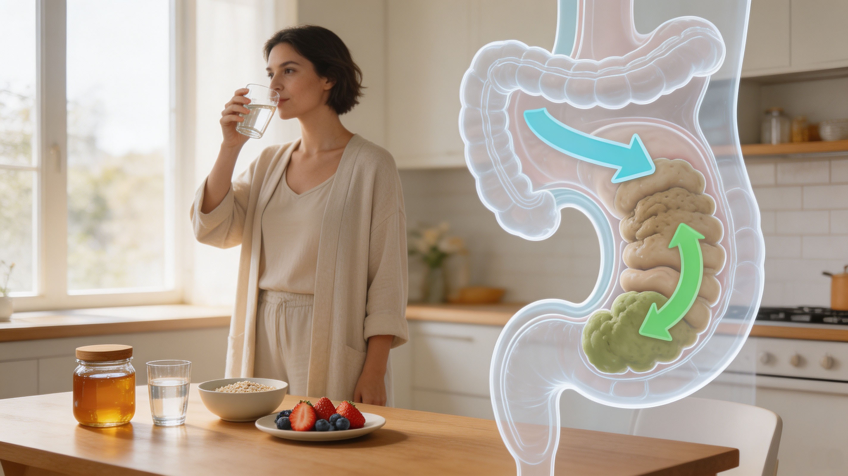 Glass of honey‑water, science illustration showing fructose osmosis softening hard stool, gut health education