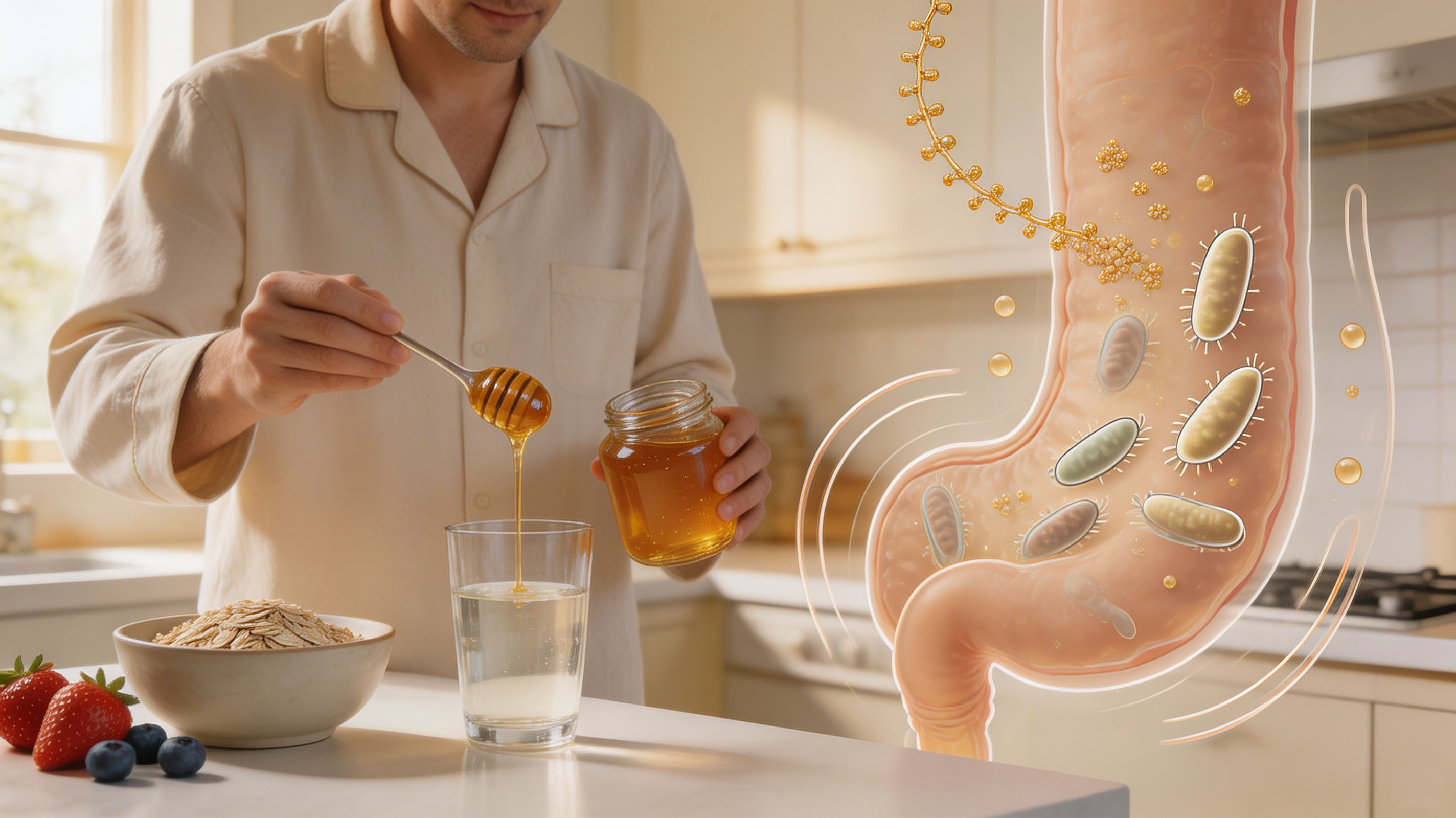 Honey drink, prebiotics from honey feed good gut bacteria for intestinal health, health infographic scene