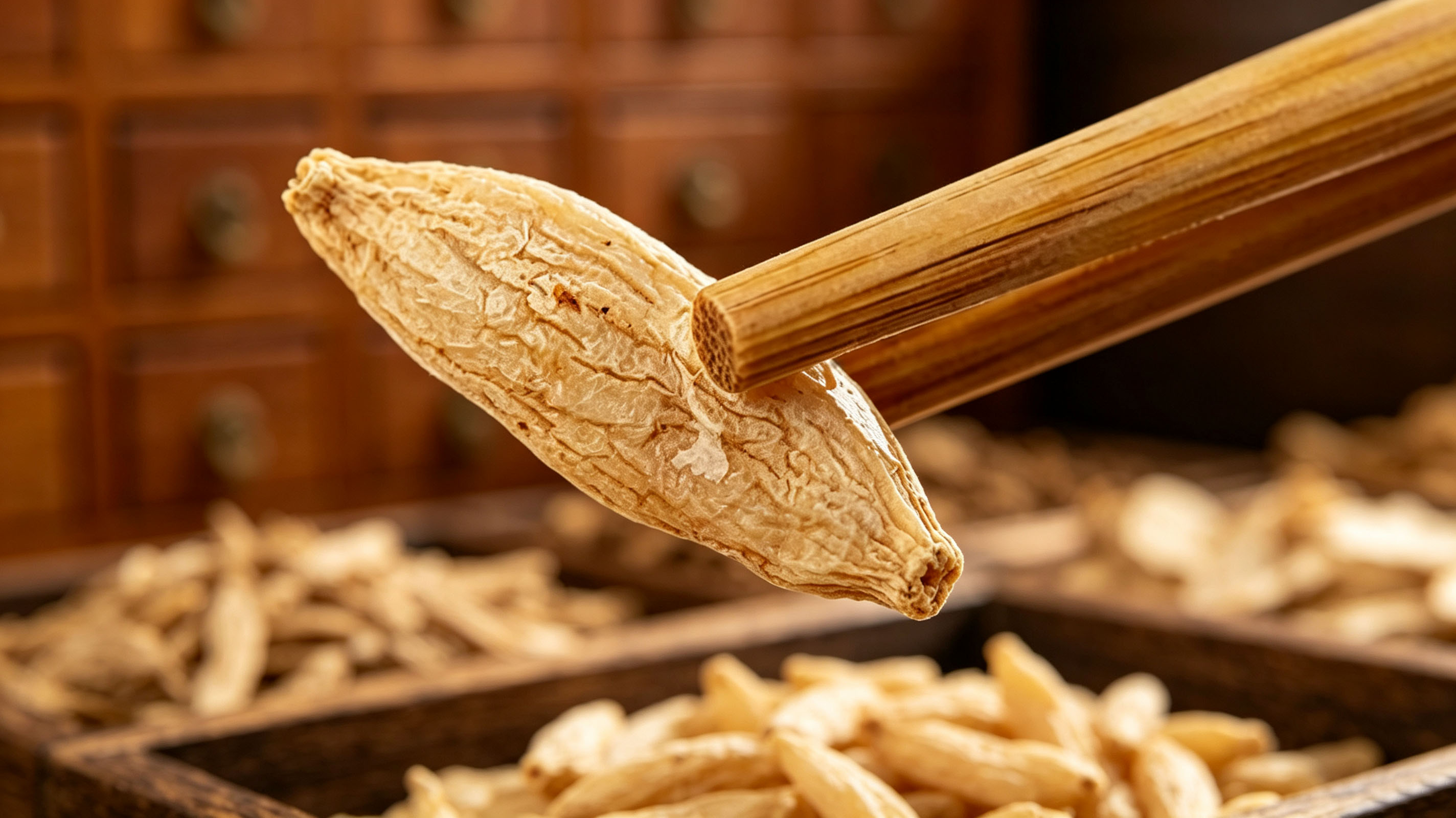 Dried Ophiopogon Japonicus root held by chopsticks
