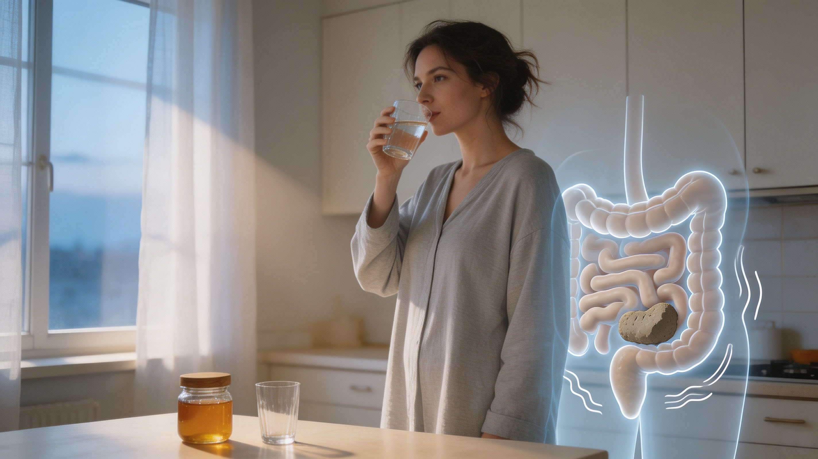Person holding warm water glass in morning home scene, hydrate to wake up intestinal tract for regular bowel movement