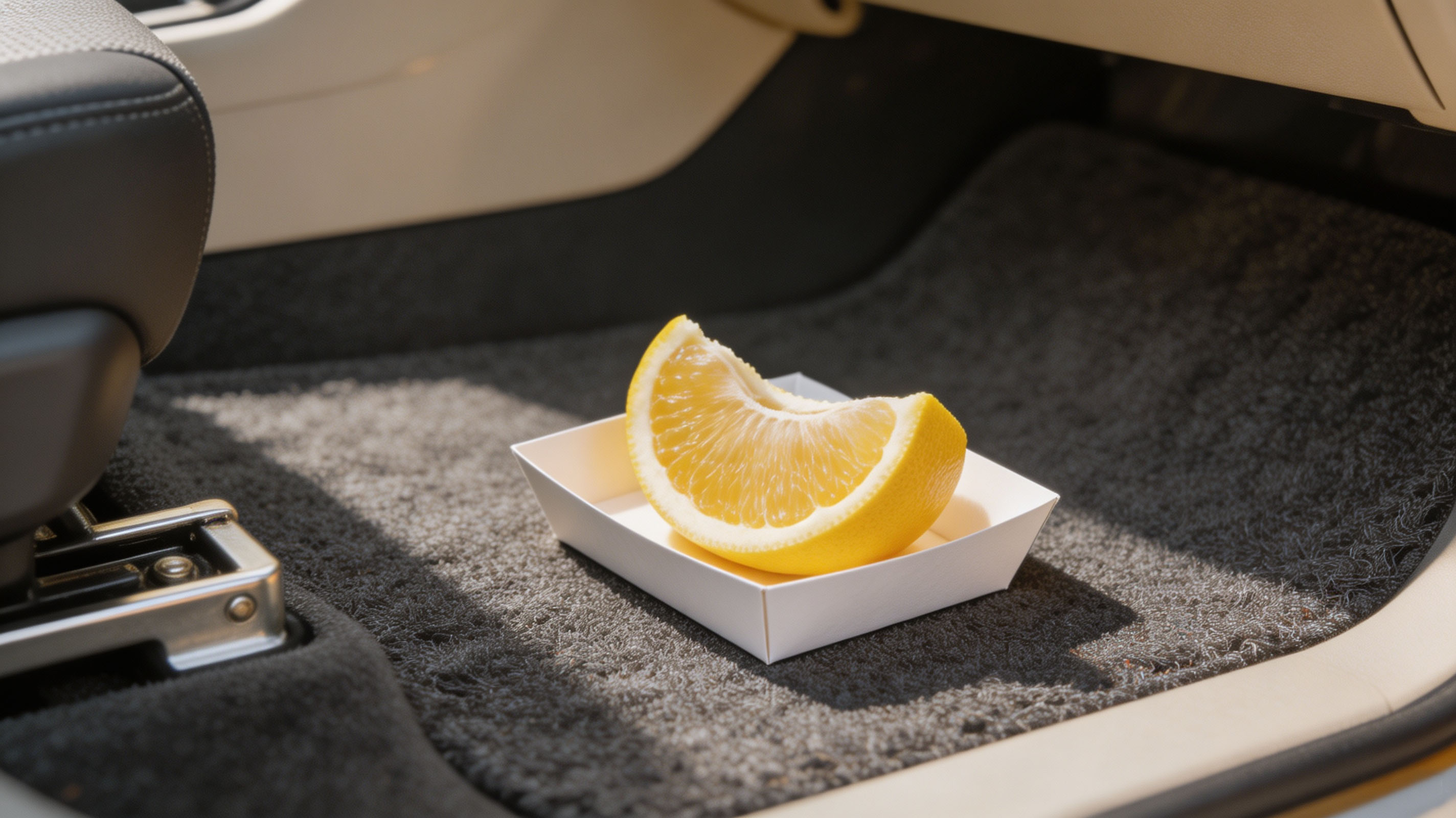 Fresh lemon peel strips placed under the front seat to absorb car smell