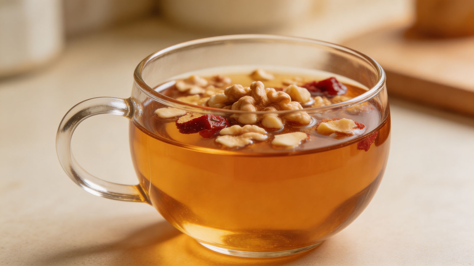 A mug of hawthorn and walnut tea with chopped toasted walnuts floating on the amber surface