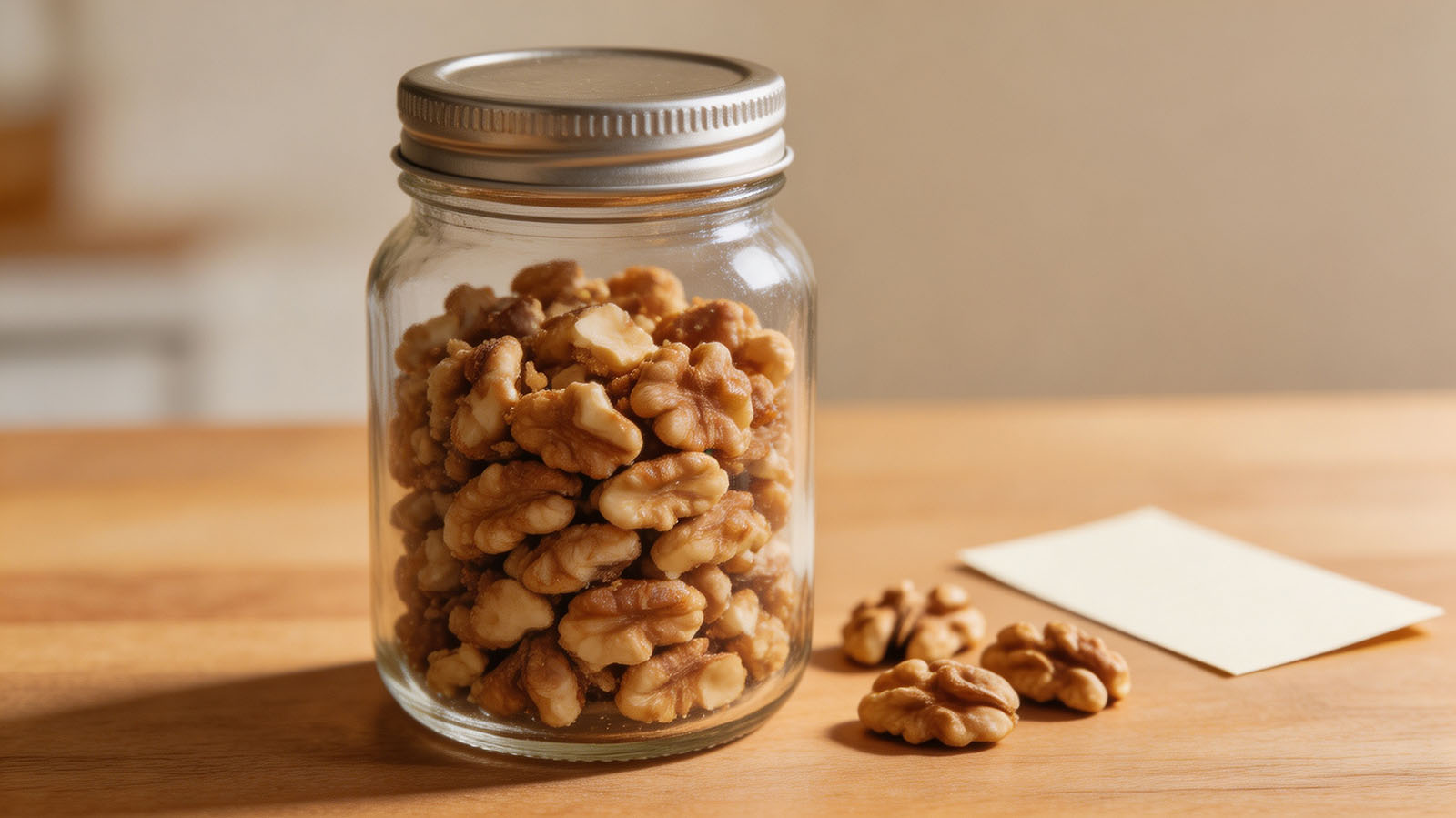 A sealed glass jar of pre-toasted chopped walnuts stored for quick tea making