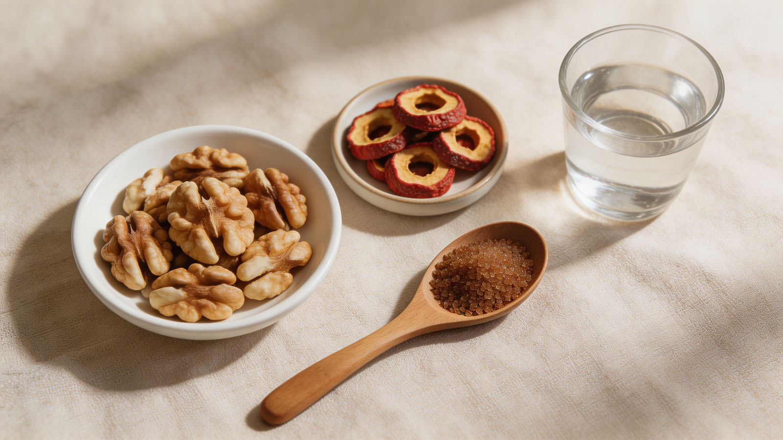 Ingredients for hawthorn and walnut tea: walnuts, dried hawthorn berries and brown sugar on a wooden board