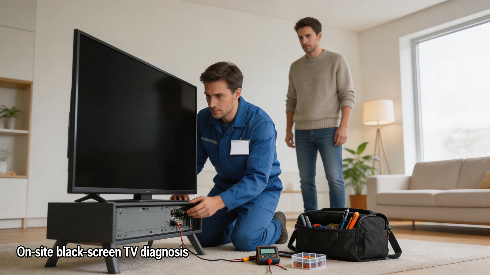 Technician checking a flat screen TV with no picture during a home repair visit