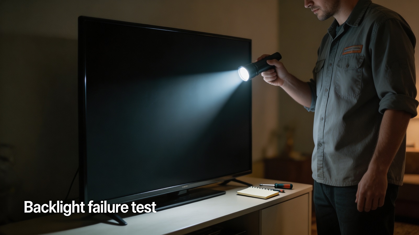 Flashlight held against a dark TV screen showing a faint picture to test the backlight