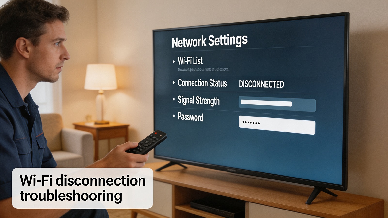 Smart TV home screen showing network settings menu while fixing a Wi-Fi connection problem