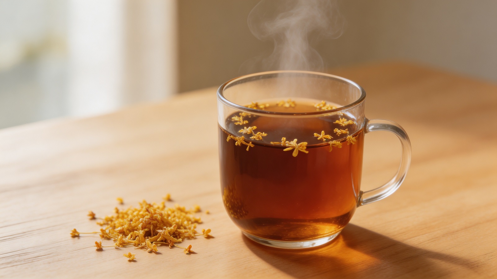 A warm cup of osmanthus plum tea with dried osmanthus flowers on a wooden table