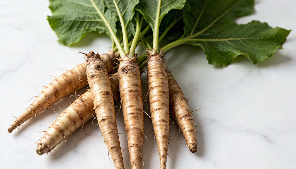 Fresh whole burdock roots (Arctium lappa) arranged on a white marble surface with green leaves