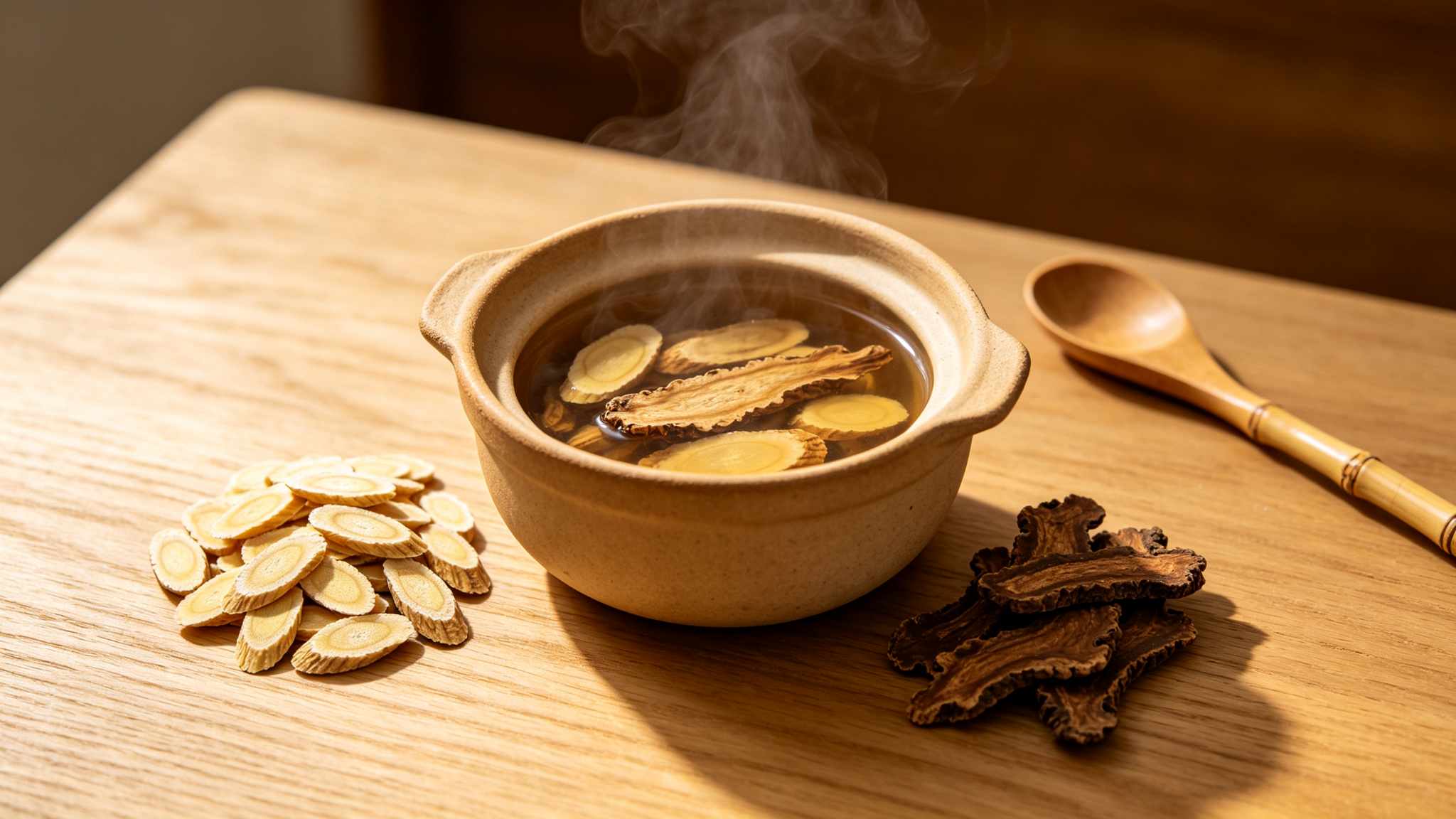 Astragalus and angelica root slices with herbal decoction in small clay pot, traditional qi and blood supporting herbs