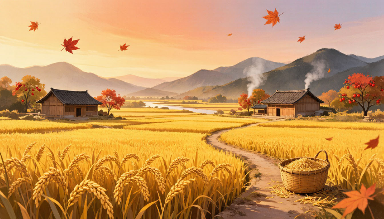 Golden autumn rice fields at harvest, echoing the equinox as an ancient harvest festival