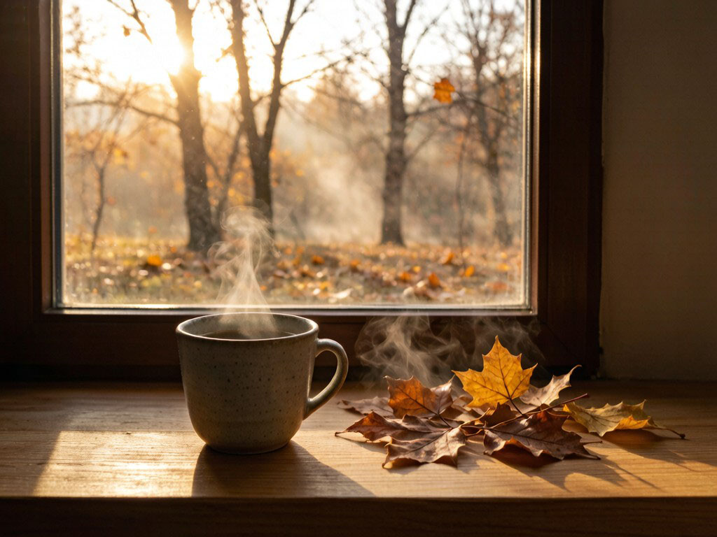 Autumn morning light by a window with a steaming cup and leaves