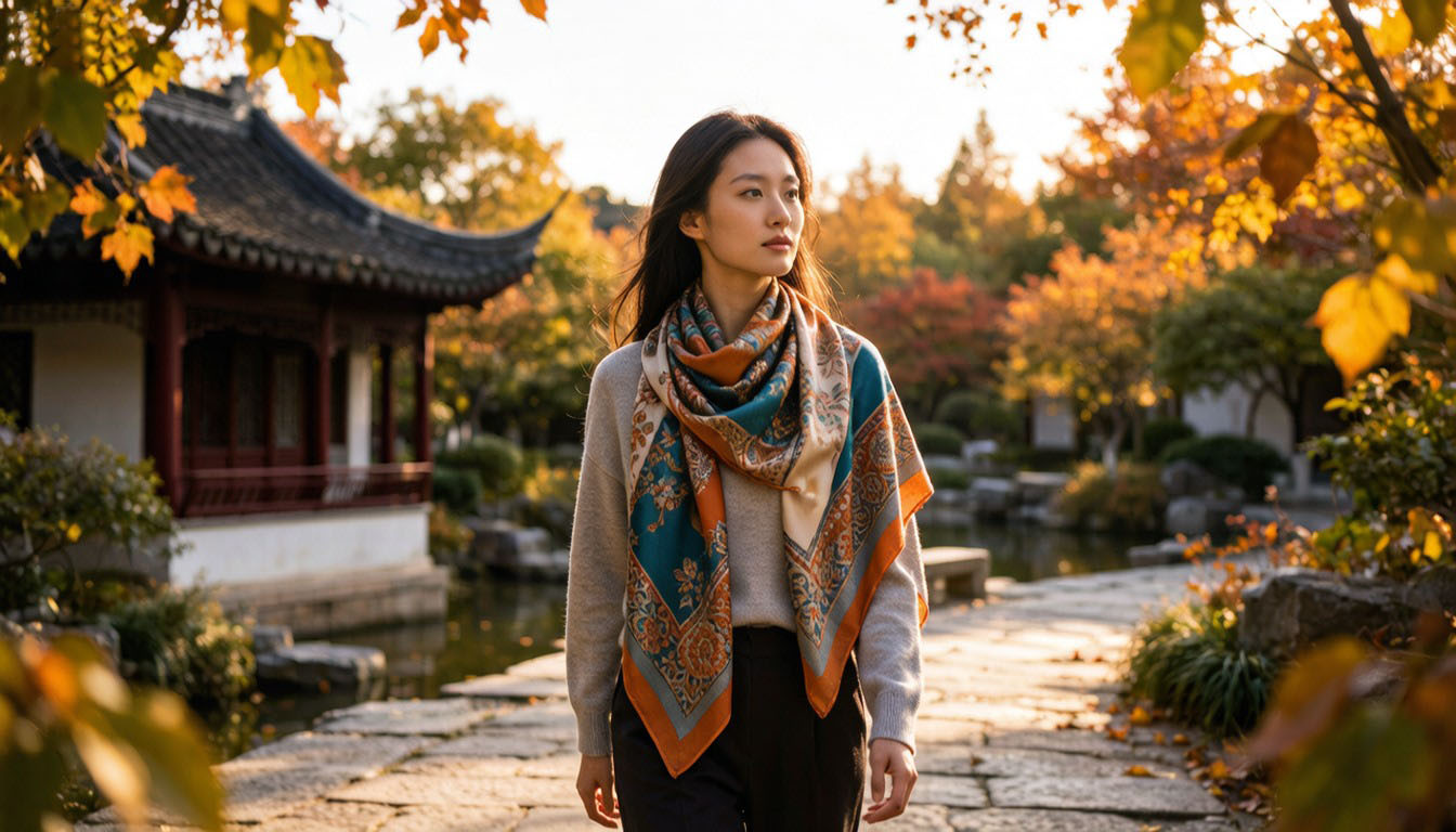 Woman wearing a silk scarf traveling during autumn season in a scenic Chinese landscape