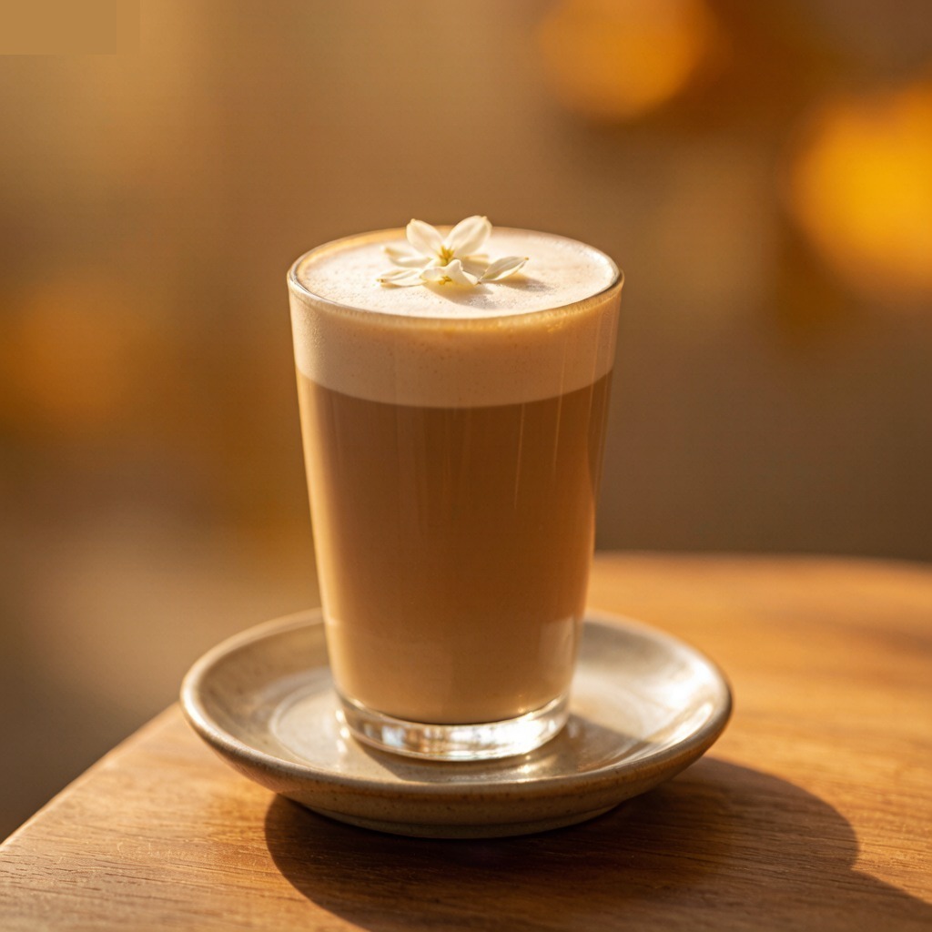 Finished jasmine milk tea in a glass with creamy foam and jasmine petals, ceramic saucer, warm golden lighting