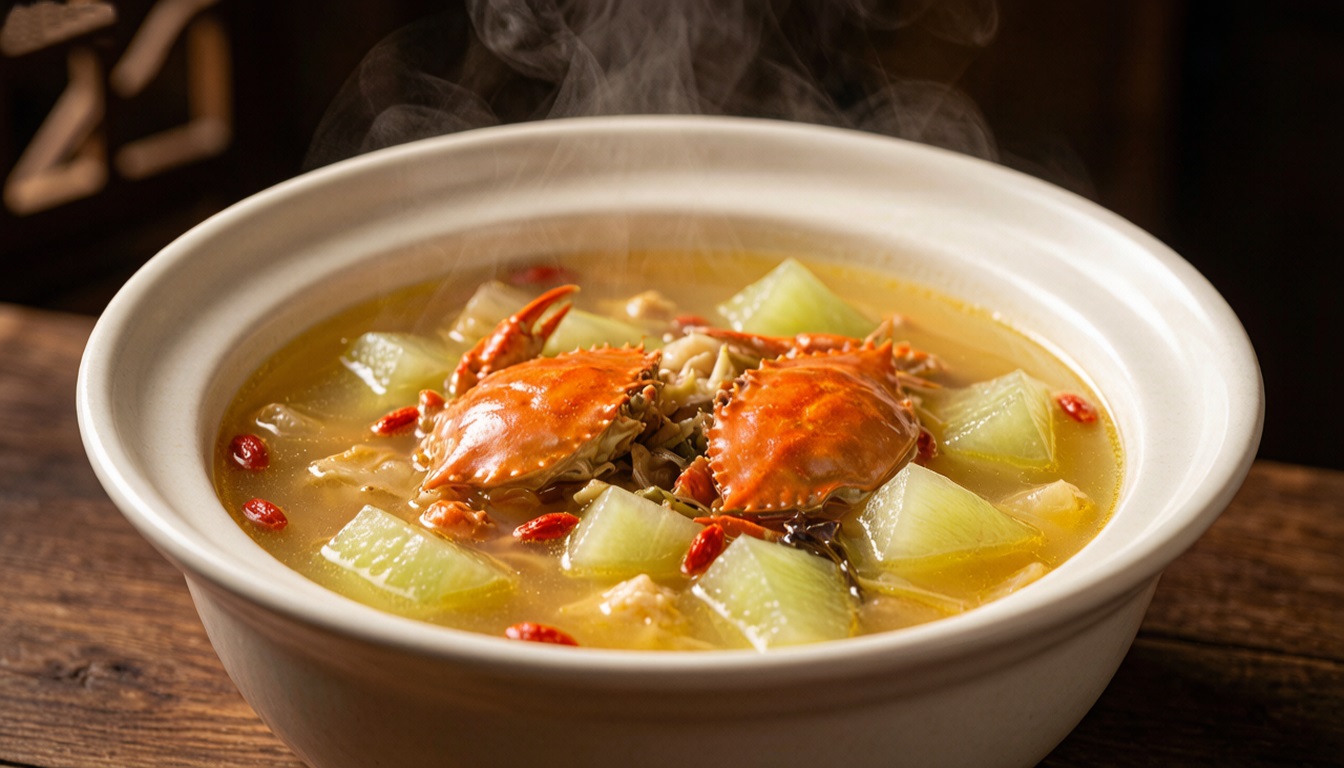 Traditional Chinese nourishing crab soup with crab and winter melon