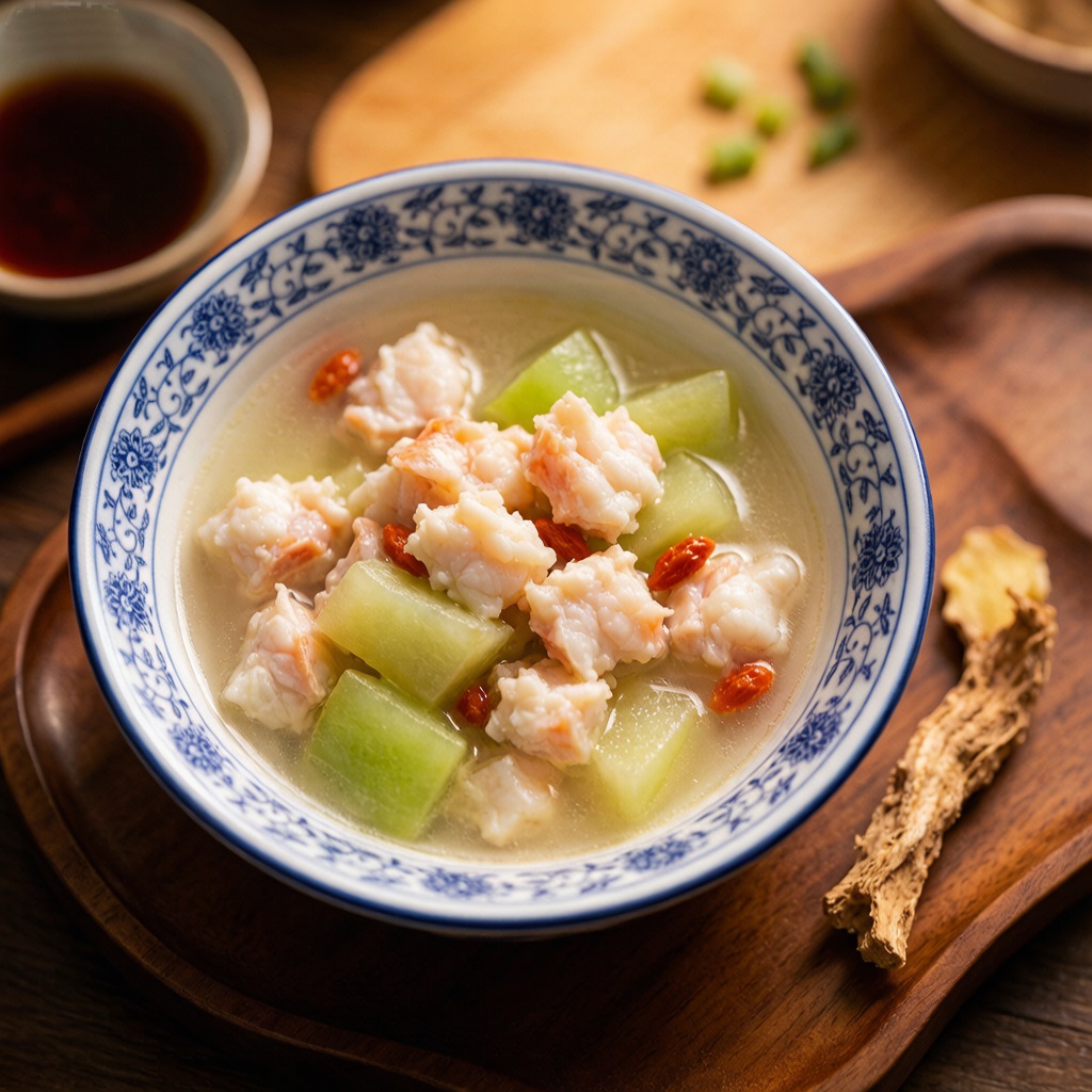 Finished nourishing crab soup with winter melon and crab meat