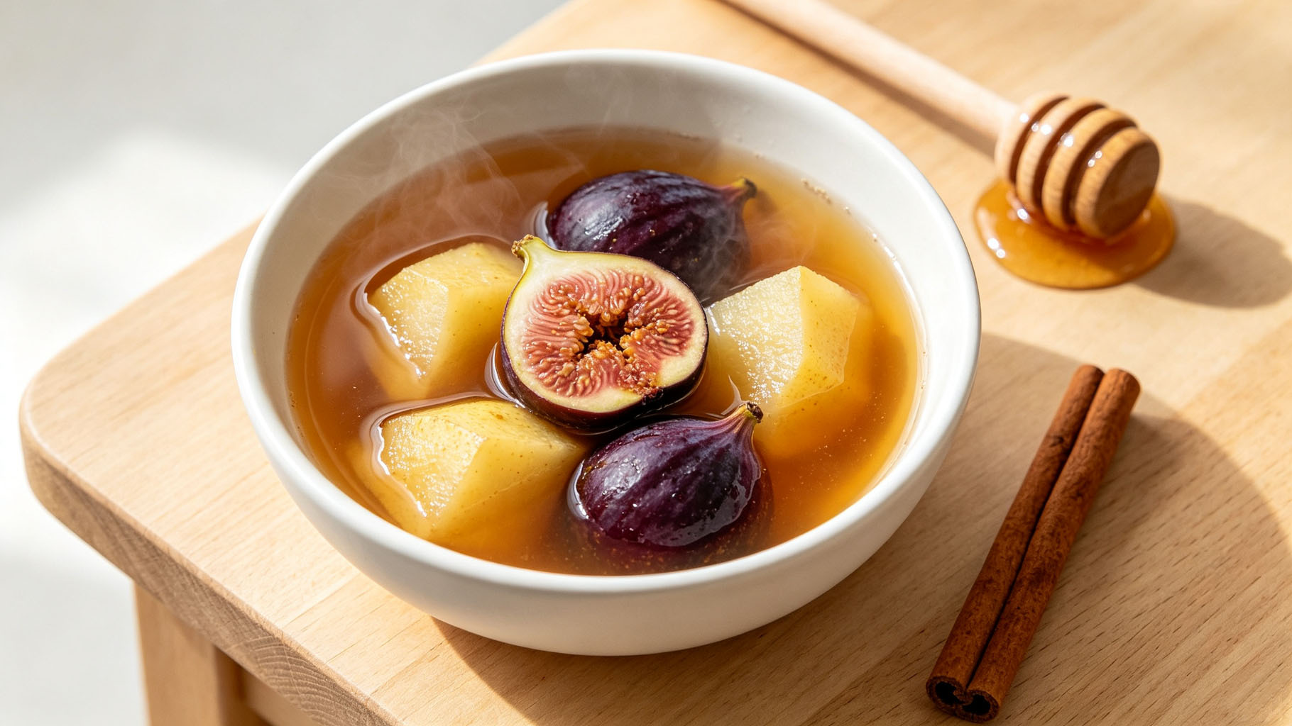 Fig and pear stew in a white ceramic bowl with a honey dipper and cinnamon stick