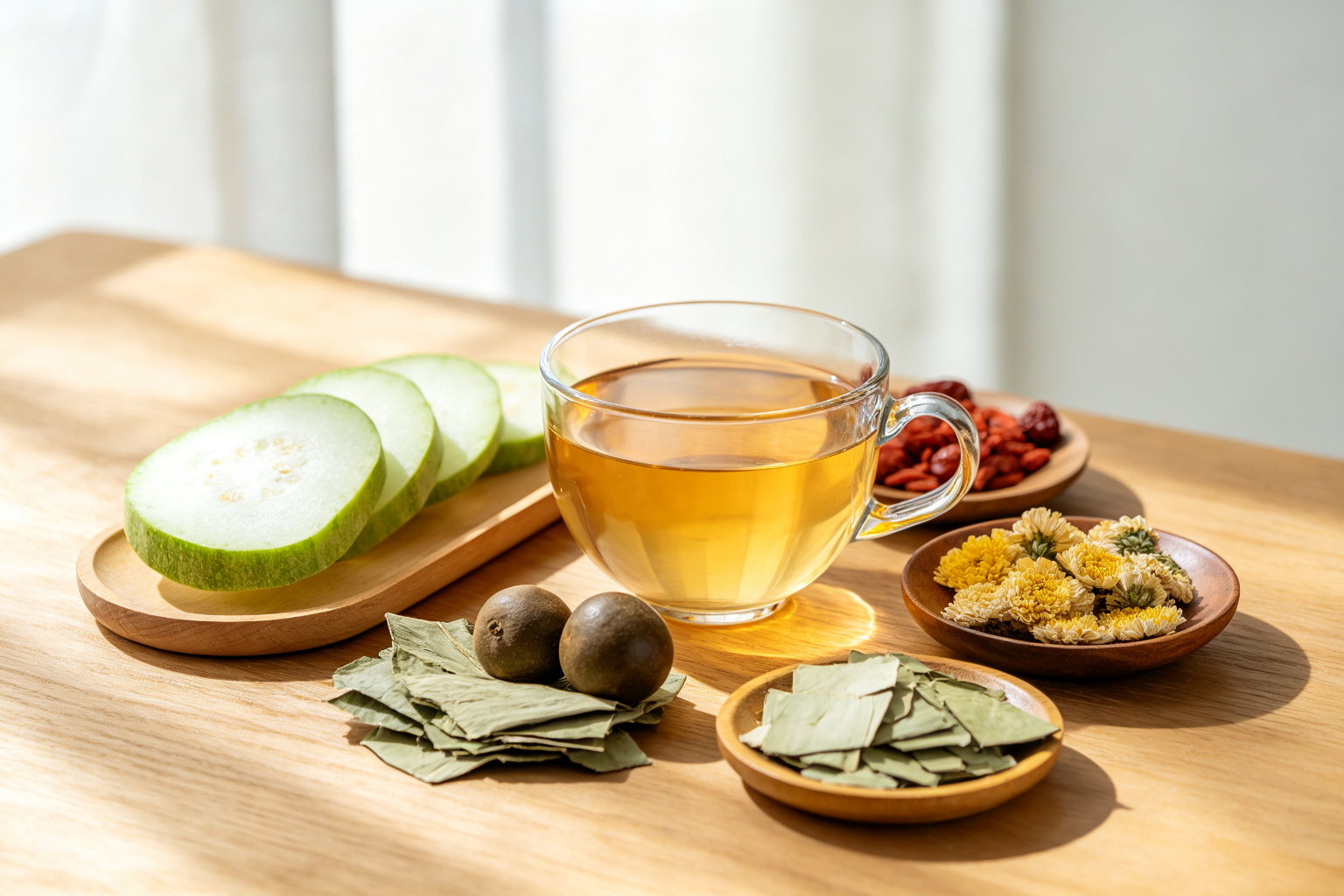 Herbal wellness tea ingredients with winter melon, lotus leaf, monk fruit and chrysanthemum on wooden table