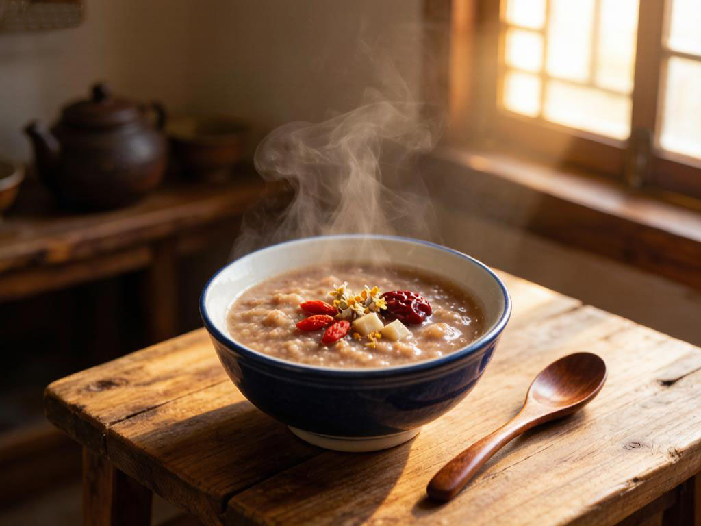 A steaming bowl of traditional Chinese whole grain porridge with goji berries and dates, set on a wooden table with morning light