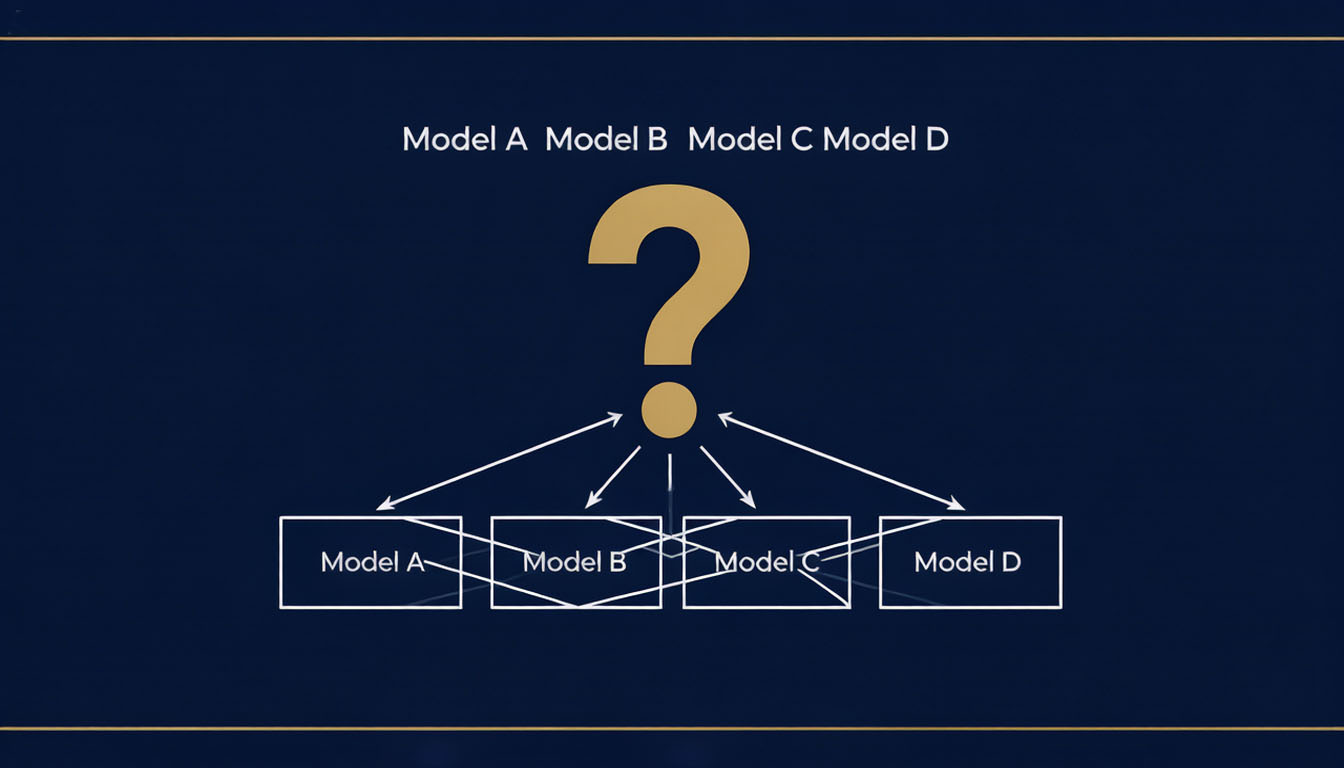 Clean minimalist infographic showing a golden question mark at the top labeled How to Avoid Failure with arrows pointing down to four model boxes Psychology Economics Engineering Biology connected by a white latticework web on navy blue background representing multi-disciplinary thinking