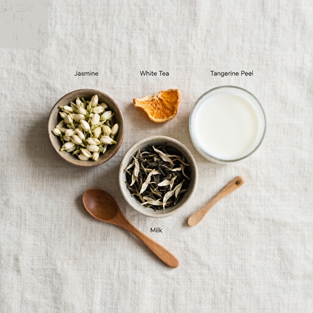 Tea ingredients flat lay: jasmine buds, white tea, fresh milk, and dried tangerine peel on linen