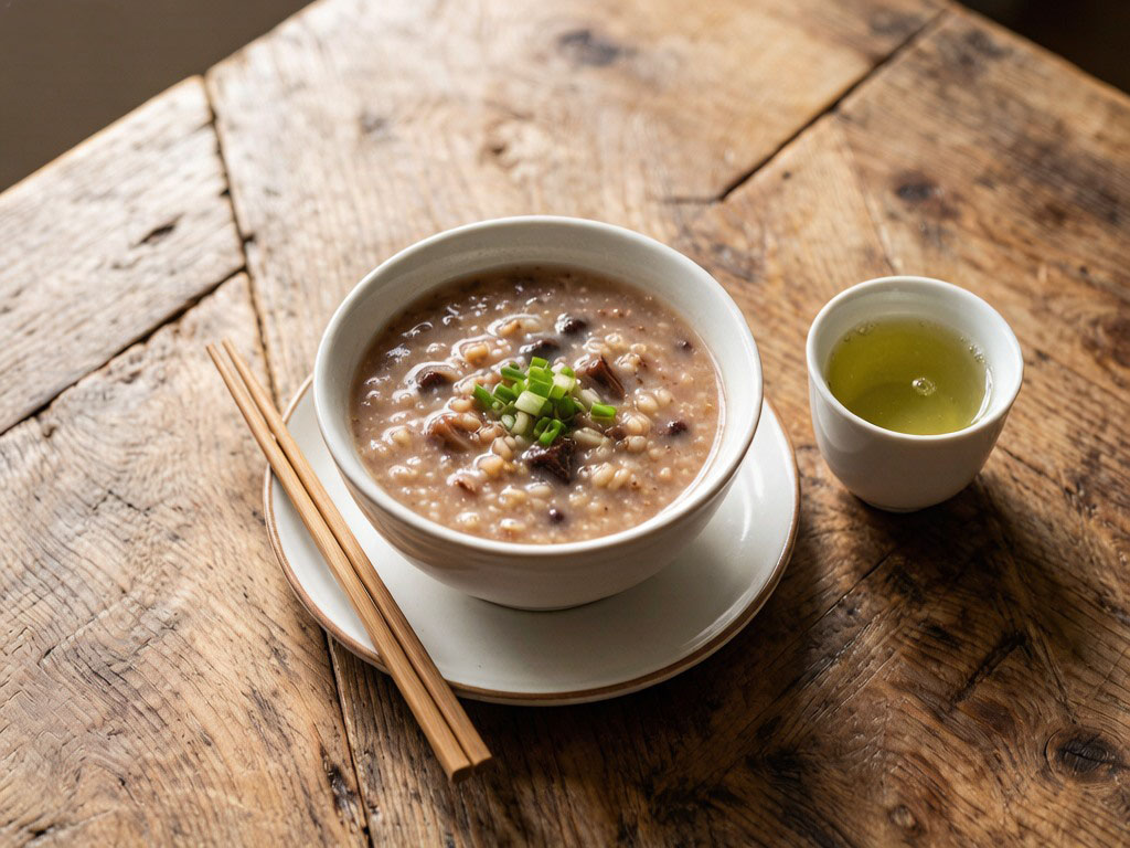 Morning ritual of a bowl of warm porridge with mixed grains, chopsticks and a teacup on a rustic breakfast table