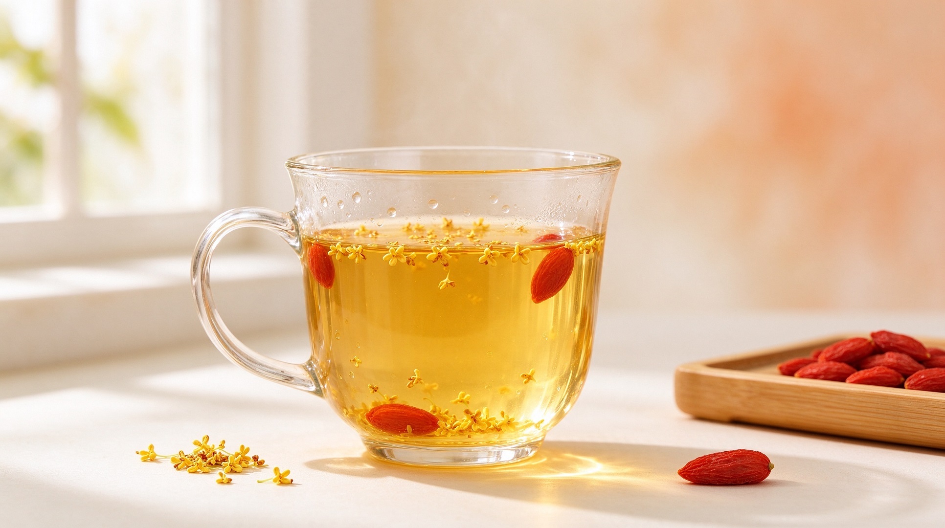 Osmanthus tea with goji berries in a glass bowl
