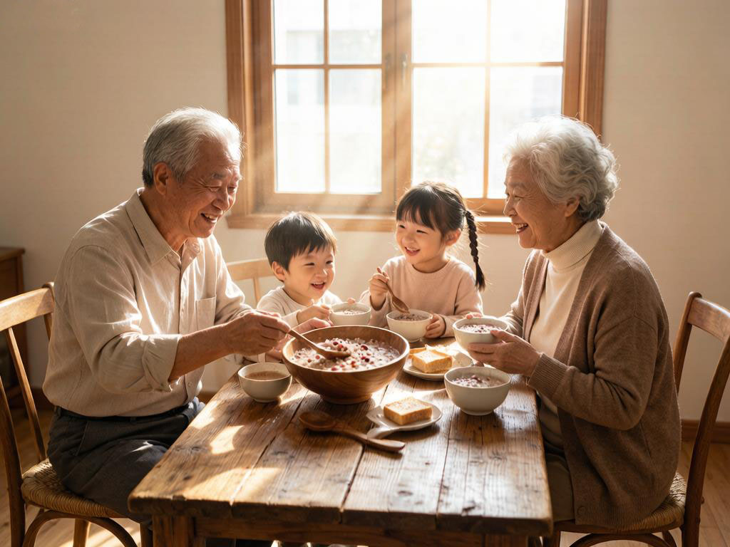 A family enjoying a warm breakfast of mixed grain porridge together around a wooden dining table, with sunlight streaming in through a window