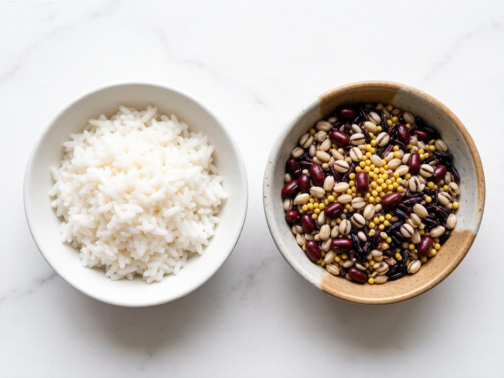 Four seasonal grain varieties arranged in a circle: wheat for spring, rice for summer, millet for autumn and barley for winter, with soft natural lighting