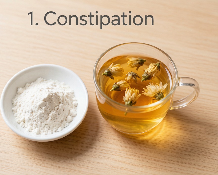 Bowl of plain flour and a cup of chrysanthemum tea on a restaurant table travel remedy