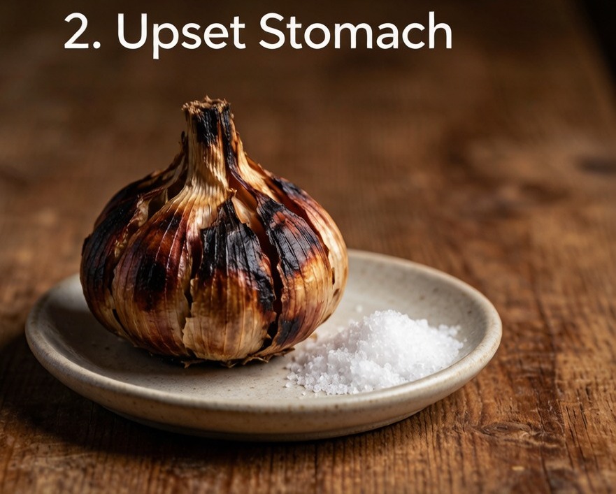 Whole roasted garlic bulb with sugar on a small plate traditional travel remedy