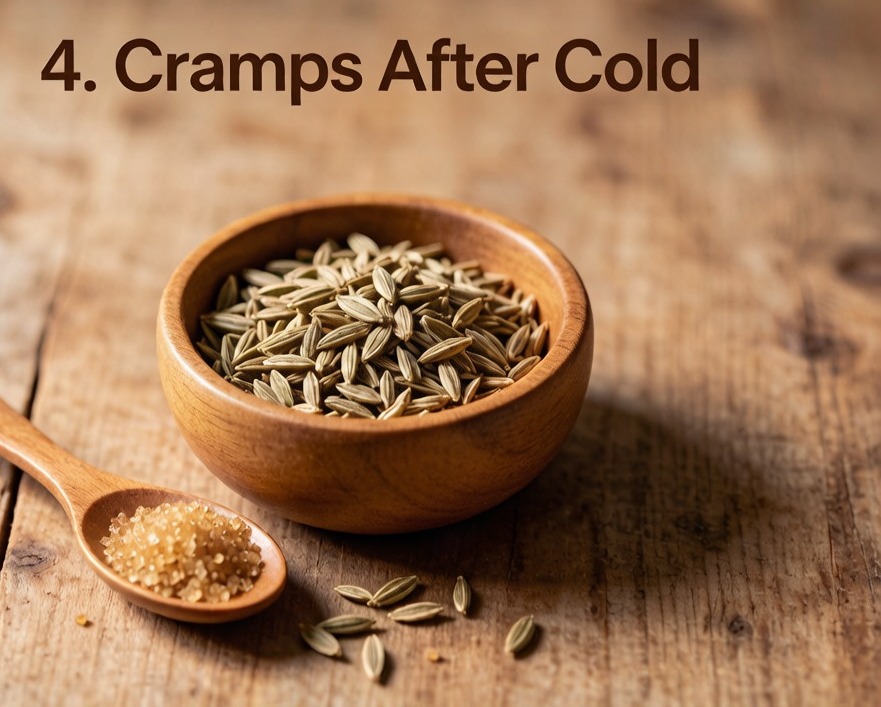 Fennel seeds in a small bowl with brown sugar on a wooden table travel remedy