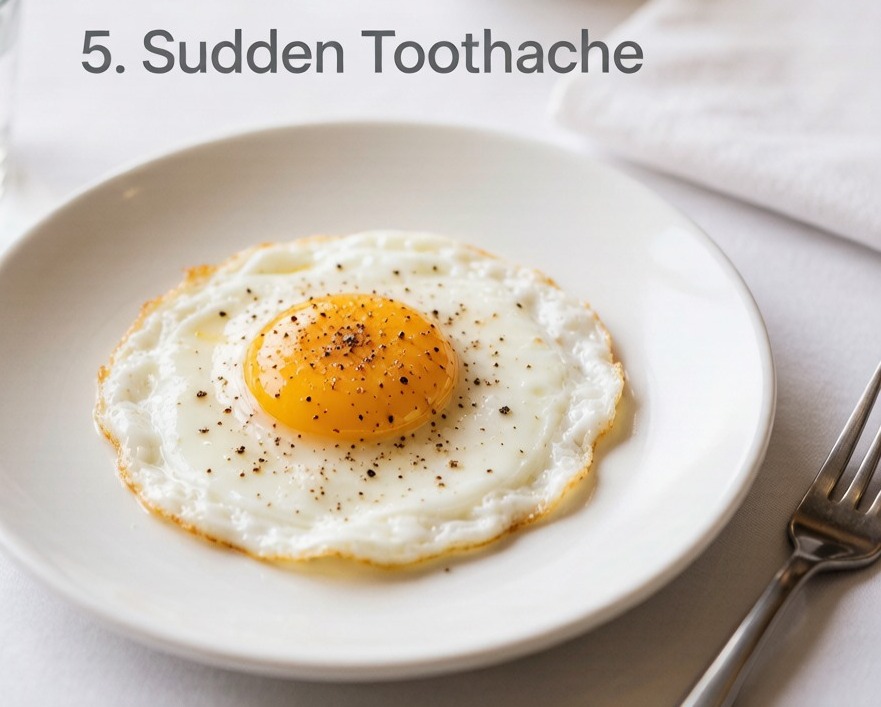 Fried egg topped with black pepper served on a plate for travel toothache remedy