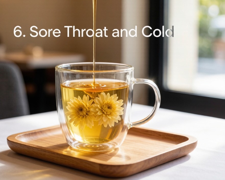 Cup of chrysanthemum and green tea with honey for sore throat during travel