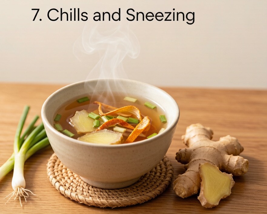 Scallion ginger and tangerine peel tea calming cold symptoms during a trip