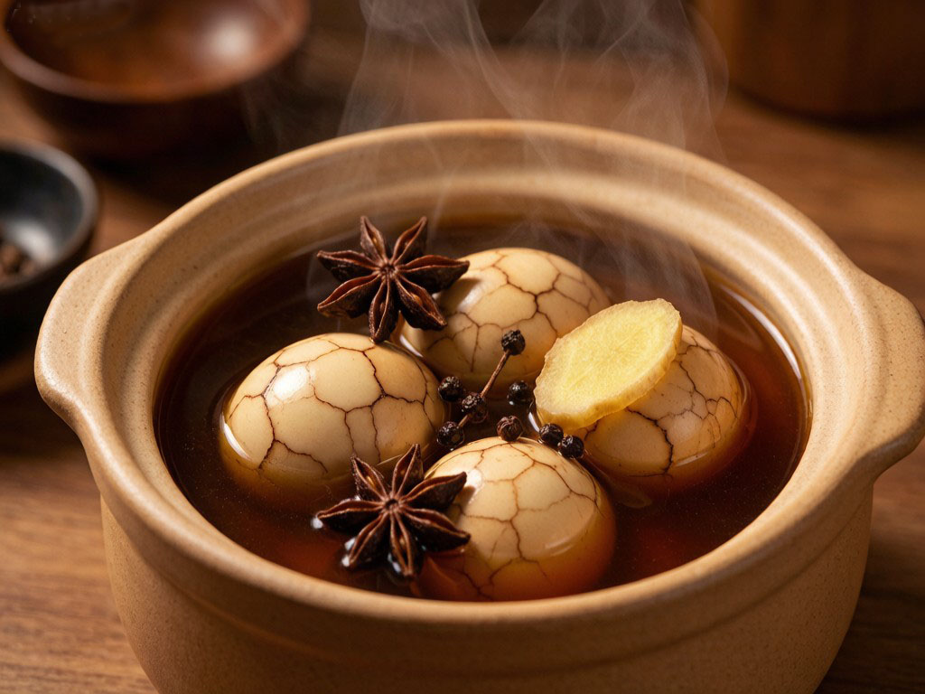Walnut shell boiled eggs in amber broth with star anise and ginger
