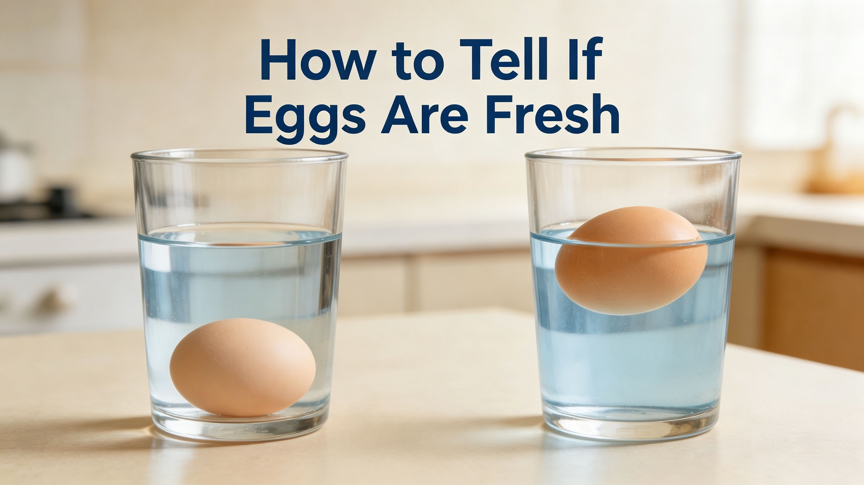How to tell if eggs are fresh: water test showing a fresh egg sinking and a spoiled egg floating in a glass of water