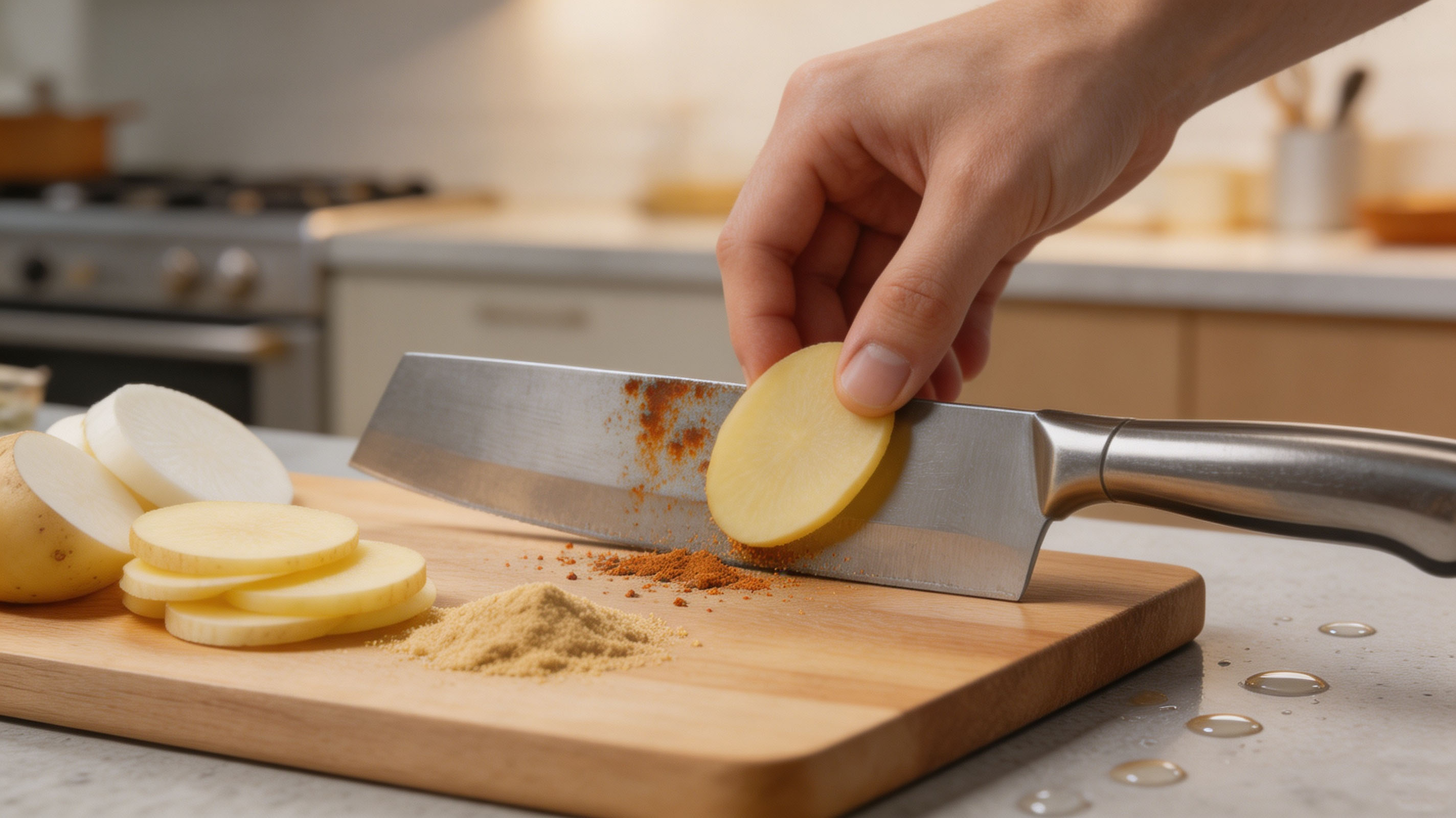 A close-up of a rusty chef's knife on a cutting board next to a cut potato, radish and a small bowl of fine sand